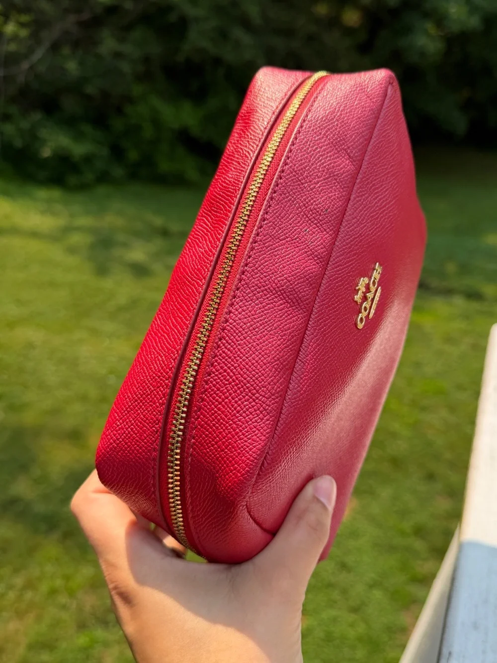 Coach Red Crossgrain Leather Cosmetic Case Makeup Bag Wristlet Zip Pouch